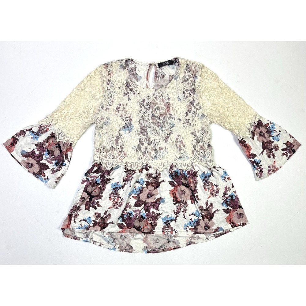 BKE Boutique Top Women's Small Floral Lace Bell Sleeve Peplum Boho Ivory